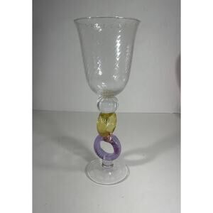 Murano Glass Crystal Clear Jar Vase‎ Purple & Yellow Rings Stand Made Italy Rare